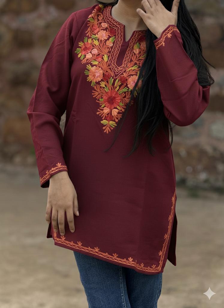 Bright Maroon  Floral Kashmiri Embroidered Kurti – Elegant Everyday Ethnic Wear