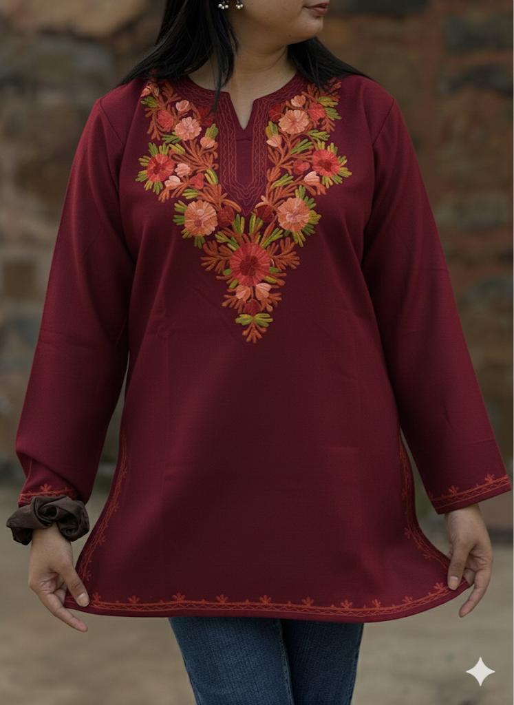 Bright Maroon  Floral Kashmiri Embroidered Kurti – Elegant Everyday Ethnic Wear