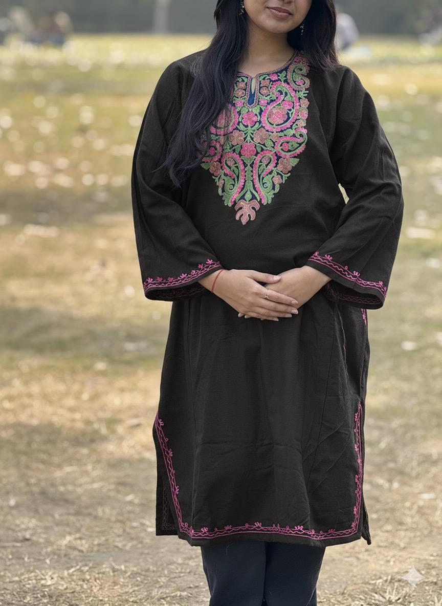 Deep Black Kashmiri Embroidered Kurti – Classic Ethnic Wear for Everyday Elegance
