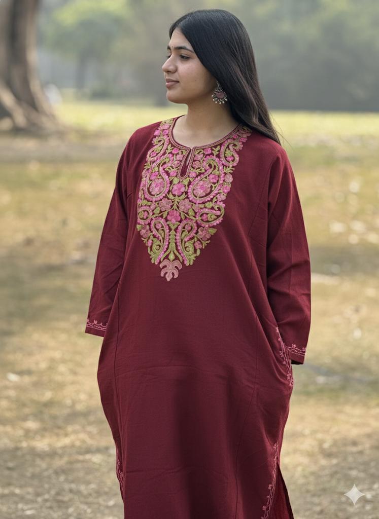 Bright Maroon Kashmiri Embroidered Kurti – Classic Ethnic Wear for Everyday Elegance