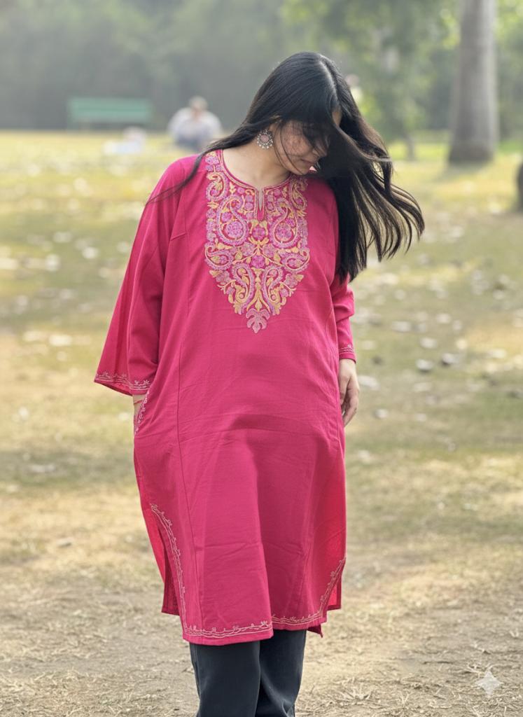 Bright Pink Kashmiri Embroidered Kurti – Classic Ethnic Wear for Everyday Elegance