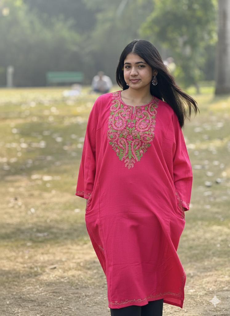 Bright Pink Kashmiri Embroidered Kurti – Classic Ethnic Wear for Everyday Elegance