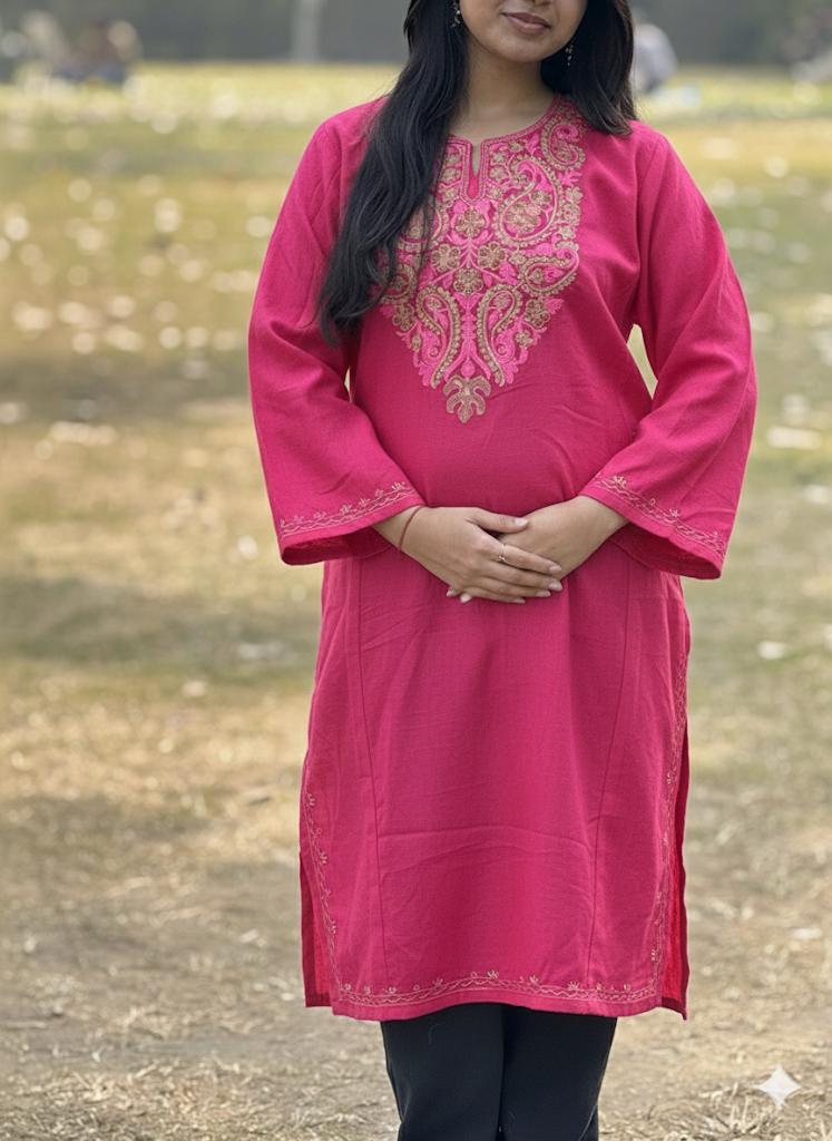 Bright Pink Kashmiri Embroidered Kurti – Classic Ethnic Wear for Everyday Elegance