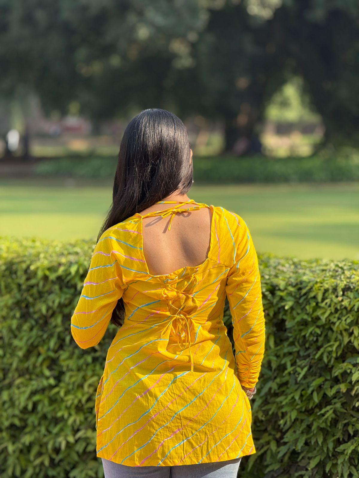 Yellow Cotton Striped Kurti with Shoulder Cut Design