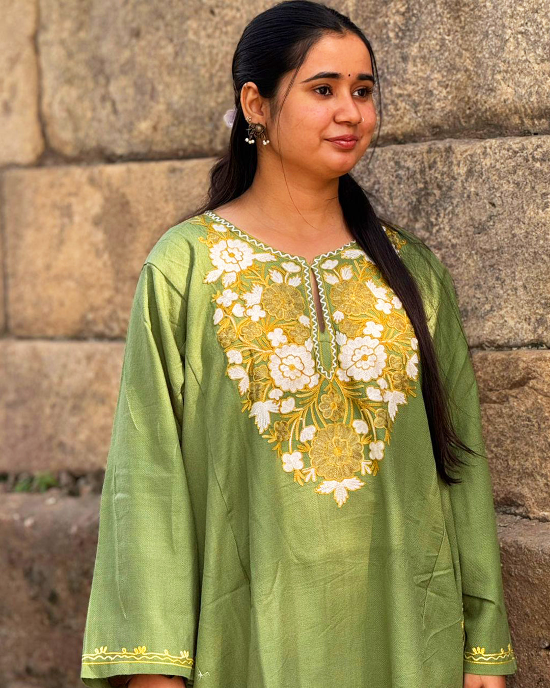 Olive Green Kashmiri Embroidered Kurti – Elegant Floral Handwork Design
