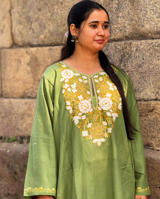 Olive Green Kashmiri Embroidered Kurti – Elegant Floral Handwork Design