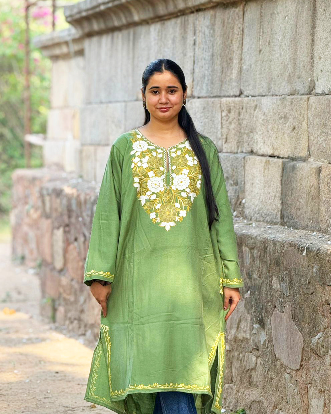 Olive Green Kashmiri Embroidered Kurti – Elegant Floral Handwork Design