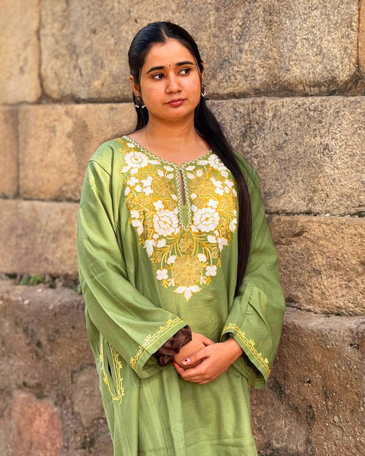 Olive Green Kashmiri Embroidered Kurti – Elegant Floral Handwork Design
