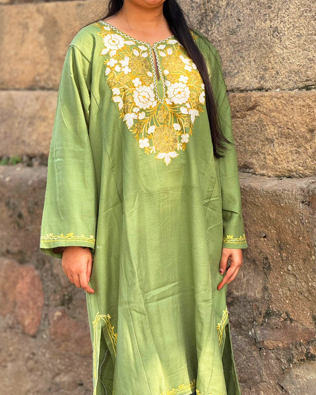 Olive Green Kashmiri Embroidered Kurti – Elegant Floral Handwork Design