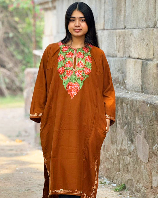 Rust Brown Kashmiri Embroidered Kurti – Classic Ethnic Wear for Everyday Elegance