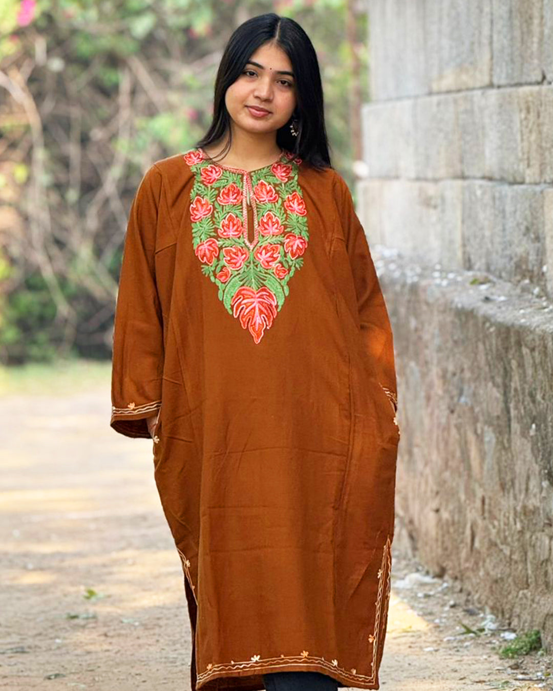 Rust Brown Kashmiri Embroidered Kurti – Classic Ethnic Wear for Everyday Elegance